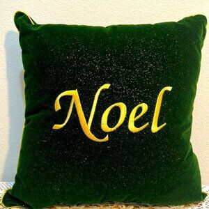 “Noel” dark green shimmering holiday pillow